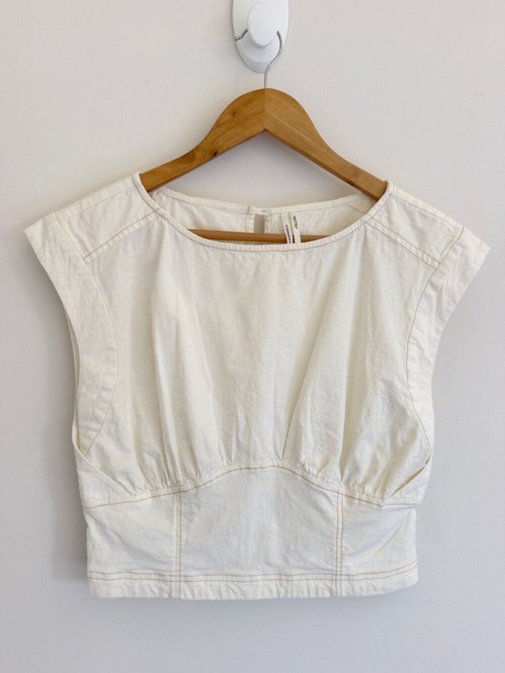 By Anthropologie Boat Neck Cap Sleeve Linen Blouse Cream Contrast Stitch Size S